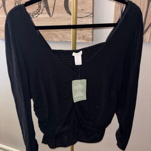 H&M Black V-Neck Long Sleeve Ruched Front Top